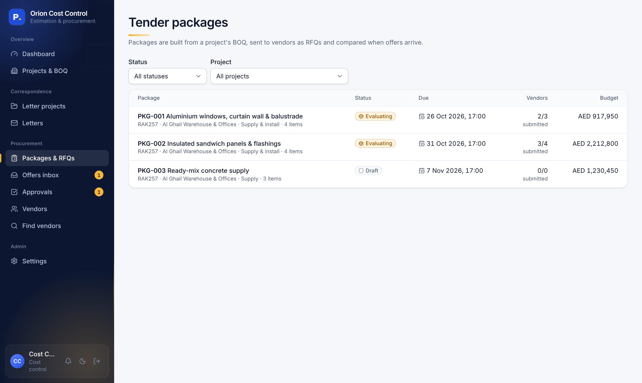 Tender packages list