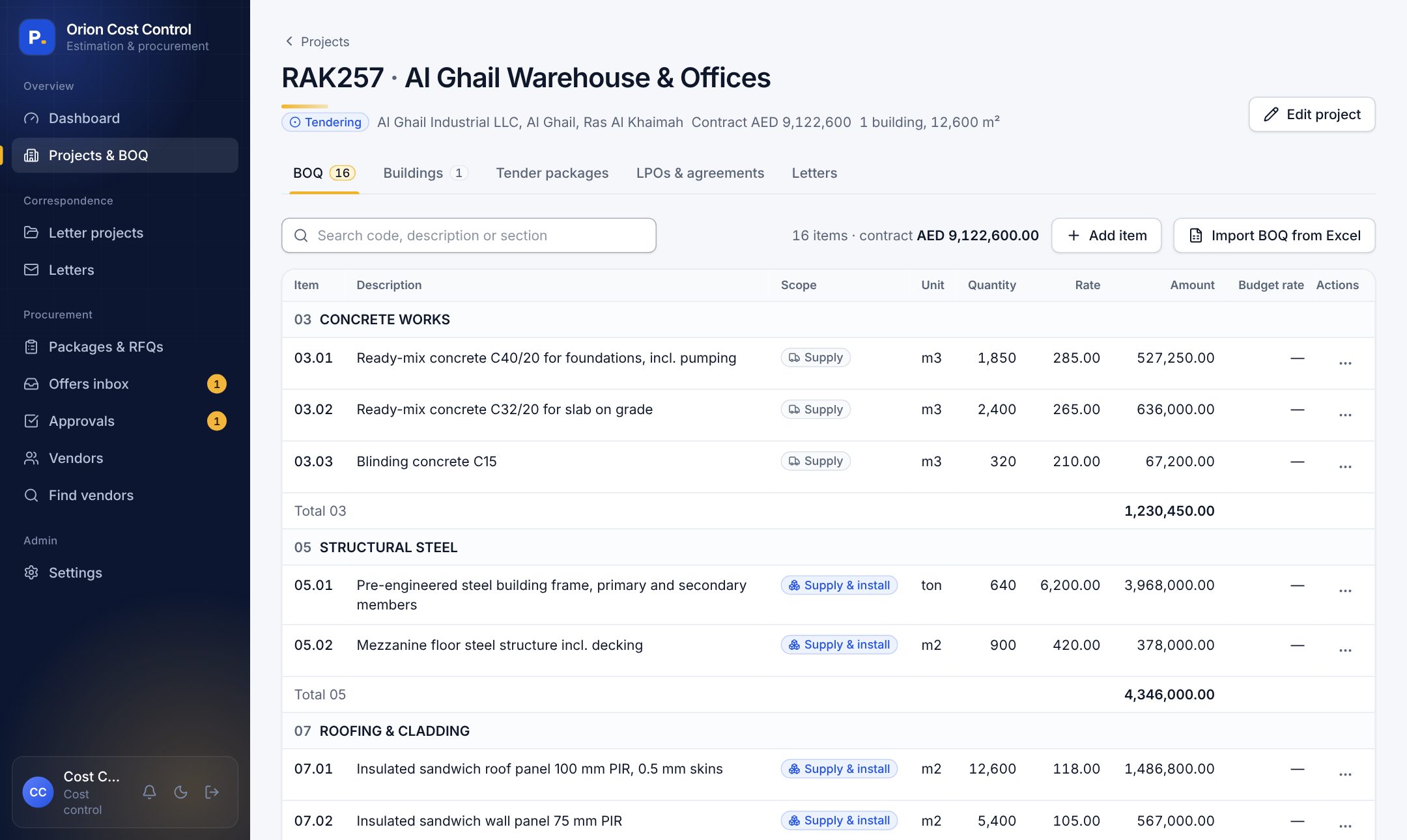 Project bill of quantities